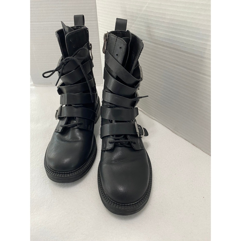 DKNY Combat Boots Women 6M Black Multi-Strap Buckle Moto Side Zip Lace Up Buckle - Picture 4 of 14